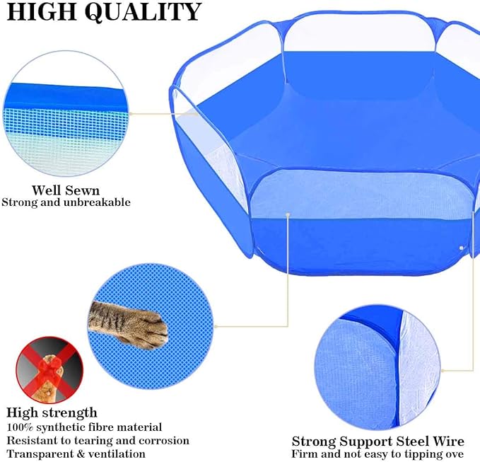 Small Animals Tent,Reptiles Cage,Breathable Transparent Pet Playpen Pop Open Outdoor/Indoor Exercise Fence,Portable Yard Fence (Upgrade Blue)