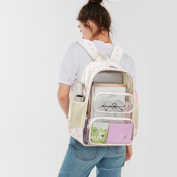 CAMTOP Clear Backpack Heavy Duty Transparent Bag See Through BookBag for Student School Work Festival Sport Travel (Pink Bow)