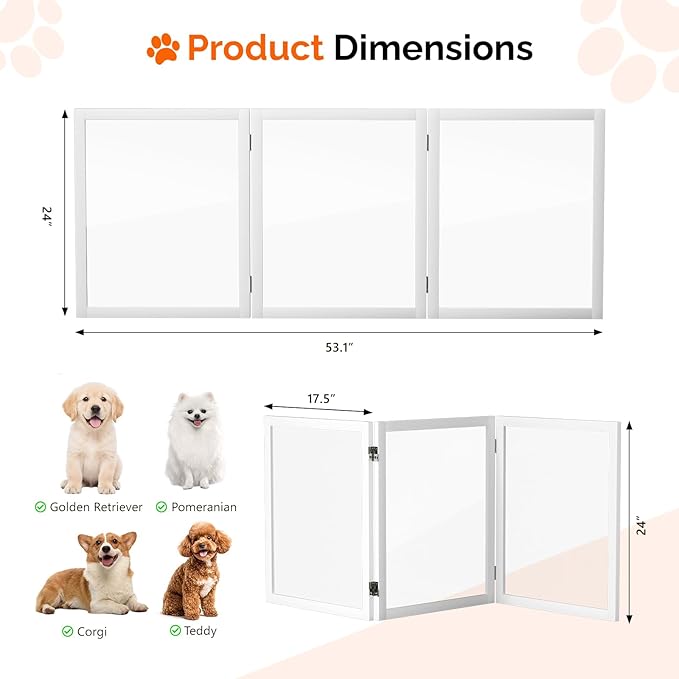 VINGLI Clear Acrylic Freestanding Dog Gate, Transparent Pet Fence with Solid Hardwood and Plastic Board, Pet Gates for Christmas Tree Stairs and Doorways (3 Panels)