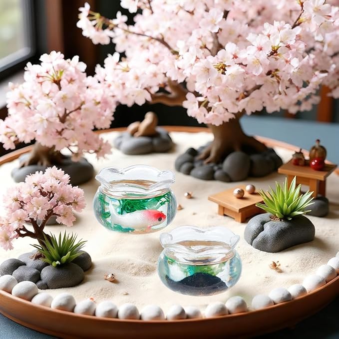 SUNNYCLUE 5Pcs 5 Styles Miniature Fish Tank Dollhouse Fish Bowl Plastic Simulated Round Goldfishes Grass Bowls Tanks Mini Display Decorations Accessories for Desktops Garden Scene Decors DIY Crafts