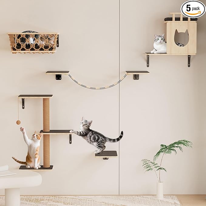 5-in-1 Cat Wall Shelves Set with Hammock, Wall-Mounted Cat Furniture Includes Condo, Bridge, Ladder & Steps for Indoor Cats, Safe & Stable (Gray)