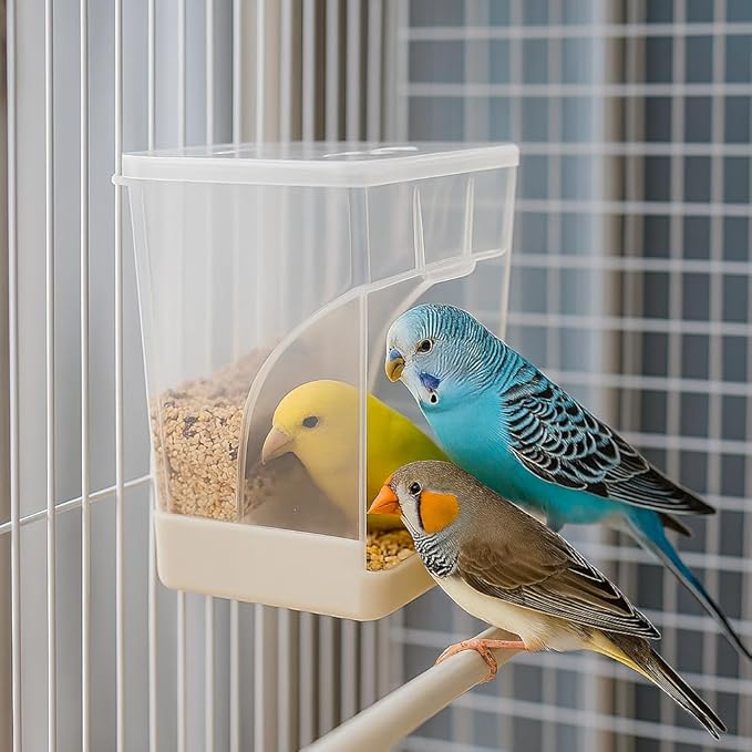 Old Tjikko No Mess Bird Feeder for Cage, Automatic Acrylic Seed Container with Large Hook, Install-Free Parrot Feeder for Budgerigar, Canary, Cockatiel, Parakeet, Finch