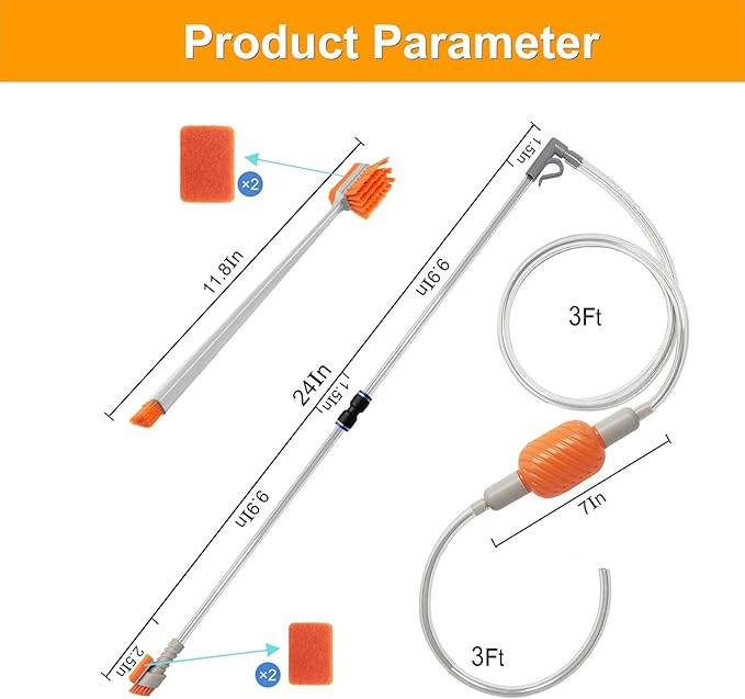 Carefree Fish Aquarium Siphon Vacuum Water Changer Kit for 3~10Gal Tank with 6Ft Water Hose Gravel Cleaner Cleaning Tools Collect Fish Poops and Long Handle Multifunctional Algae Brush