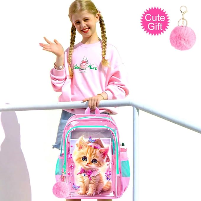 Clear Backpack for Girls and Boys, Kids Transparent Bookbag, 3PCS Cute See Through School Bag for Elementary Prechool