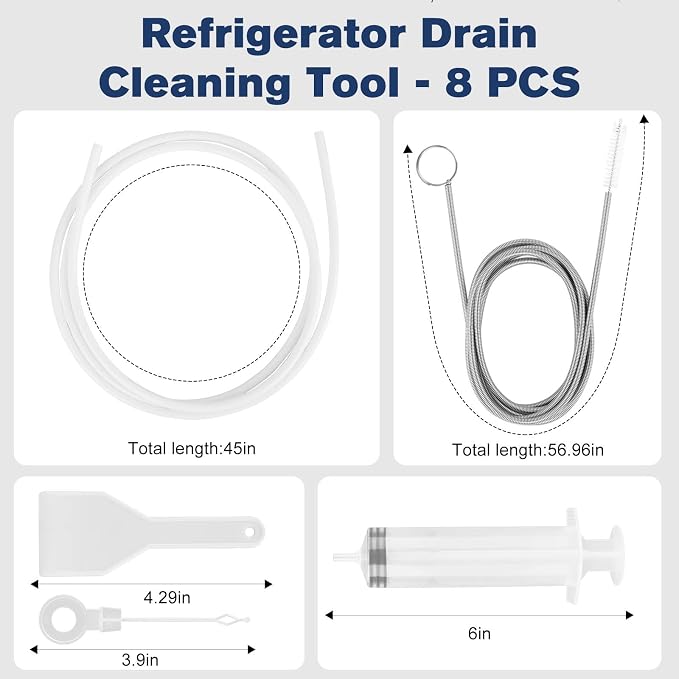 Refrigerator Drain Cleaning Tool -8 PCS Refrigerator Water Line Cleaner Kit | Refrigerator condensate drain cleaning kit, With frozen water line tool and long tube brush fridge drain hole cleaning tool