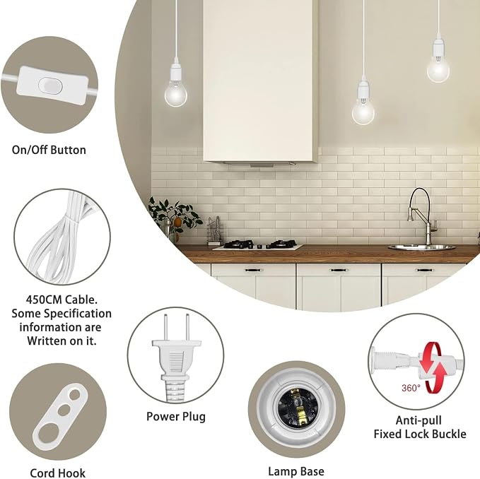Hanging Light Cord 2-Pack Pendant Light Cord Lamp Kit 15FT Extension Hanging Lantern Pendant Lamp Cord Cable E26/E27 Lamp Kit DIY Plug in Hanging Light Kit with Switch for Bedroom Plant Growth Light