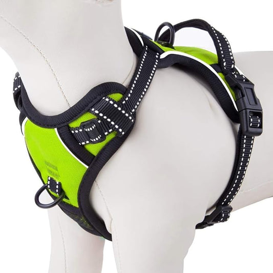 PHOEPET No Pull Dog Harness Medium Reflective Front Clip Puppy Vest with Handle,Adjustable 2 Metal Leash Attachment Hooks(M, Green)