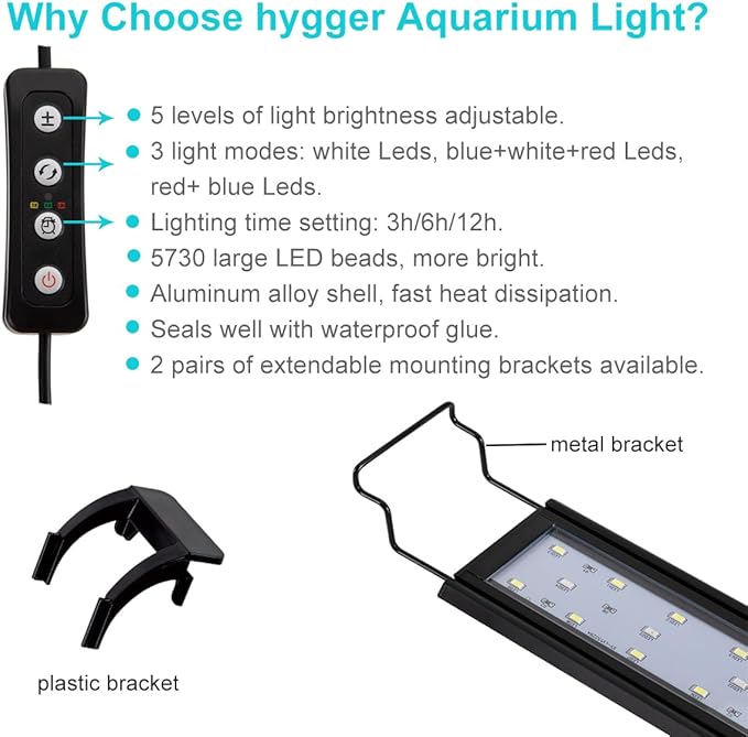 hygger 20W Full Spectrum Aquarium Light with Aluminum Alloy Shell Extendable Brackets, White Blue Red LEDs, External Controller, for Freshwater Fish Tank (30-36 inch)