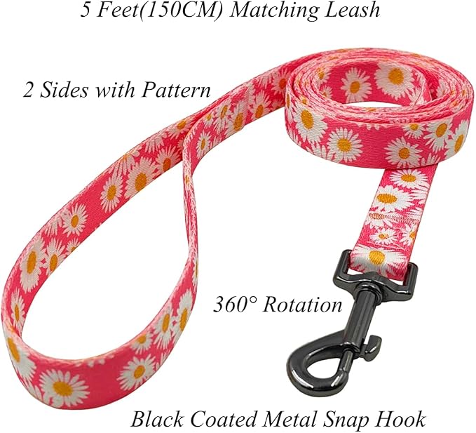 Dog Collar and Leash Set, Cute Pink Daisy Pattern, Polyester Material, 5ft Leash, for Medium Dogs.(Medium,Pink Daisy)