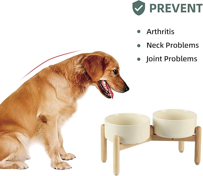 Havniva Ceramic 7.3inch Raised Double Bowls Set with Wooden Stand, Food & Water Bowls for Medium Breed Dogs, Weighted Dog Dishes, Pet Feeder(Light Yellow)