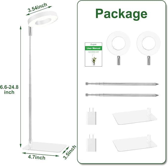 3.54" White Grow Light, Full Spectrum Plant Lights for Indoor Growing with 3/9/12H Timer, 3 Color Modes, 10 Brightness, 6.6"-24.8" Height Adjustable, Small Halo Grow Light with Base, 2 Pack