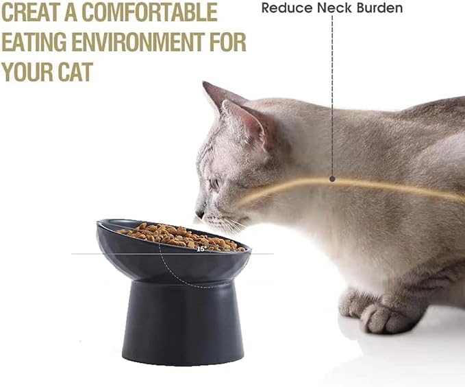 Small Ceramic Raised Cat Bowls, Tilted Elevated Food or Water Bowls, Stress Free, Backflow Prevention, Dishwasher and Microwave Safe, Lead & Cadmium Free(Black)