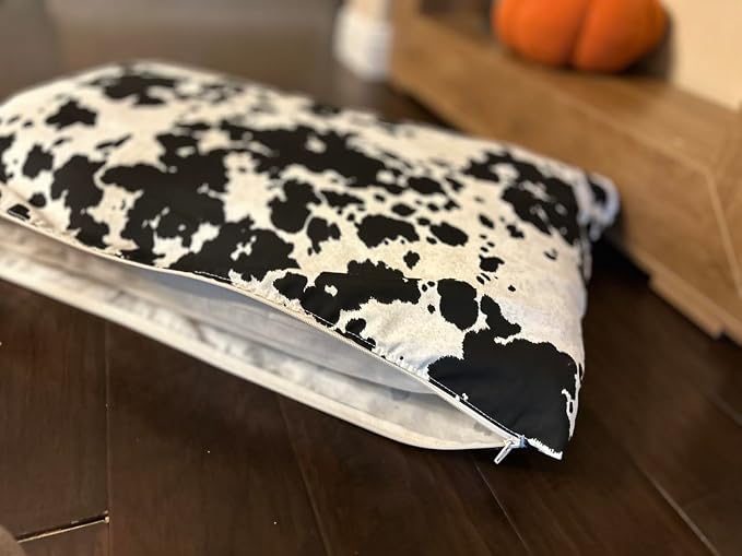Natural Cotton Canvas Dog Bed – Raw Cotton Filled Pet Cushion Insert, Breathable Eco-Friendly Dog Mattress, Durable Washable Cover with Zipper (Cow Print Black White, Large 48"x30"x5")