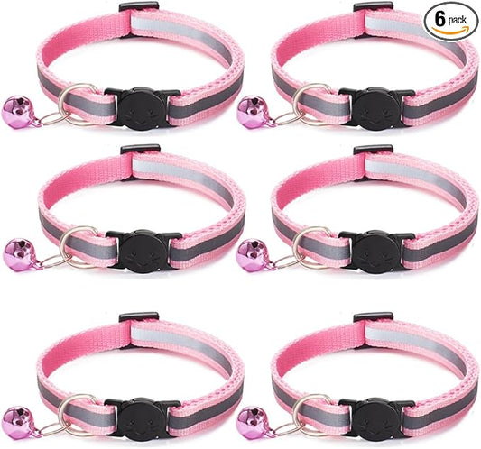 6 Pack Reflective Cat Collar with Bell, Breakaway and Safe Collars for Cats, Nylon, Pet Collar Adjustable19-32cm (Pink)