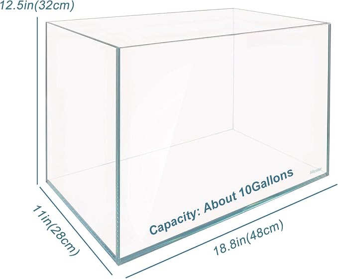 Allcolor Artisan Grade Ultra Clear Rimless Aquarium Tank (10GaI) | Low Iron Glass Fish Tank for Professional Aquascaping and Planted Layouts, 6-60 Gallons (10GaI - Top Glass Canopy)