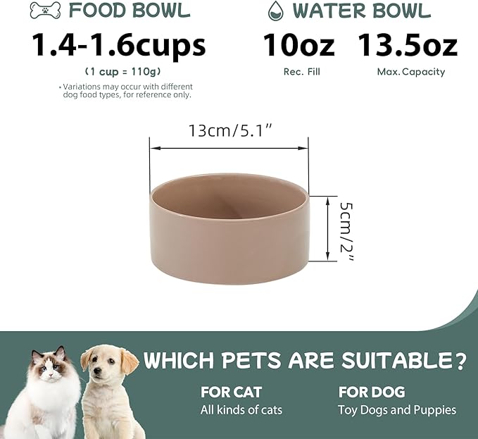 Havniva Ceramic 5.1inch Set of 2 Dog and Cat Bowls, 2pcs Anti-Slip Food and Water Feeder Dishes for Puppies, Kitties, Cats(2 Bowls, Brown Coffee)