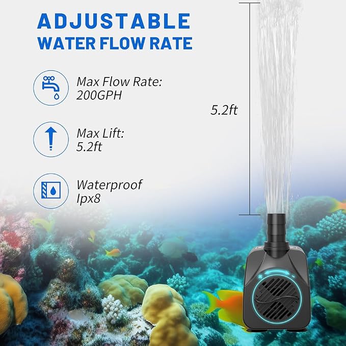Submersible Water Pump, Ultra Quiet 200GPH Fountain Pump | 5.2ft High Lift Over Heating Protection, Water Pump for Fish Tank, Small Pond, Aquarium, Hydroponics
