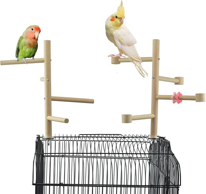 Wooden Bird Cage Stands Perches for Parrots, Parakeet Chewing Climbing Toys, Parrot Cage Top Tree Perches Play Stand Platform Playground Ladders Toys for Cockatiels Budgies Small Medium Parrots