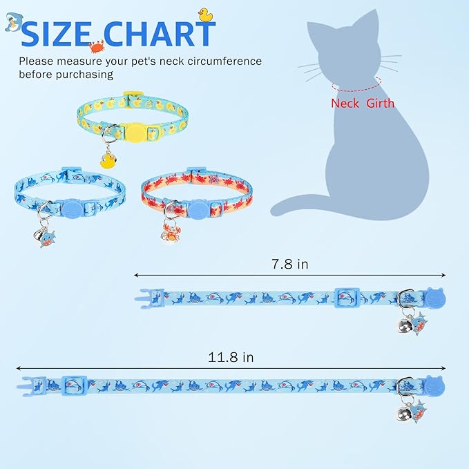 SCENEREAL Summer Breakaway Cat Collar with Bell, 3 Pack Adjustable Safety Cat Collar for Boy and Girl Cats, Cute Kitten Collar for Kitty Puppy Small Pets, Sharks & Ducks & Crabs