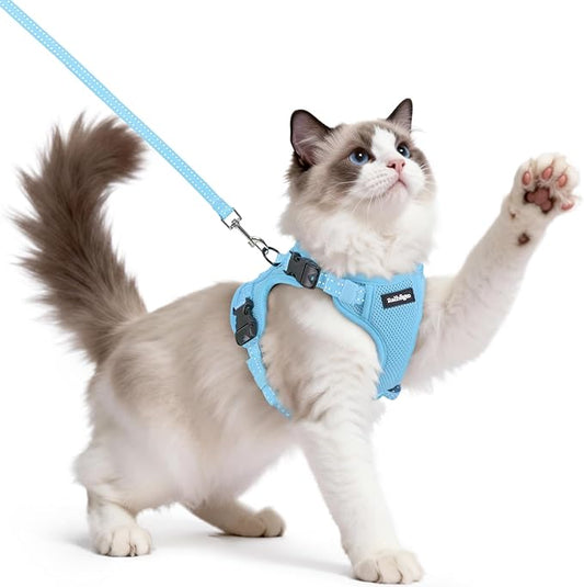 rabbitgoo Cat Harness and Leash, Escape Proof Vest with 3 Adjustable Buckles, Soft Comfortable Kitten Harness, Easy to Wear, Reflective for Safe Outdoor Walking, Medium, Sky Blue