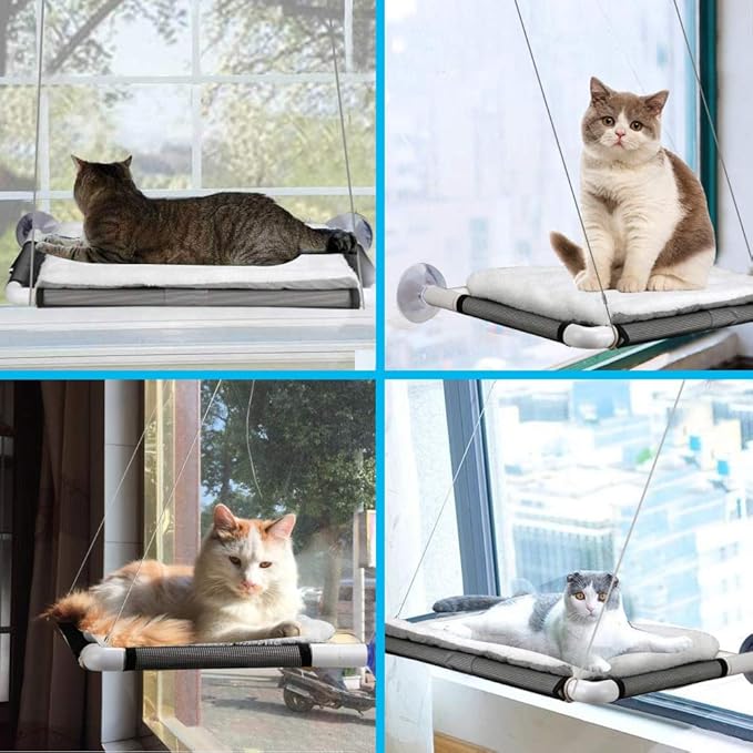 Cat Window Perch, Cat Hammock Window Seat w/Free Fleece Blanket 2026 Latest Screw Suction Cups Extra Large Sturdy Bed Resting Seat Hold Two Large Cats White Indoors (One Extra Suction Cup
