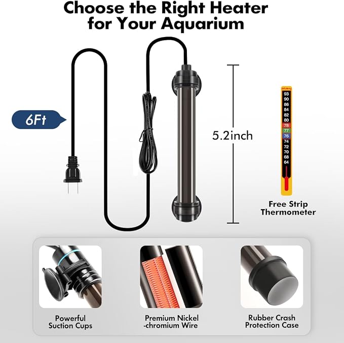 Orlushy Submersible Aquarium Heater, Fish Tank Heater with Free Thermometer for Freshwater and Saltwater Tank