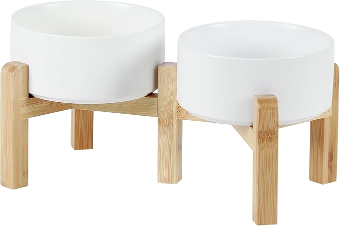 Havniva Ceramic Raised Double Bowls Set with Stand, 2 Heights Elevated, Food & Water Bowls for Small Breed Dogs, Weighted Dog Dishes, Pet Bowl(6.1'',28.7oz, White)