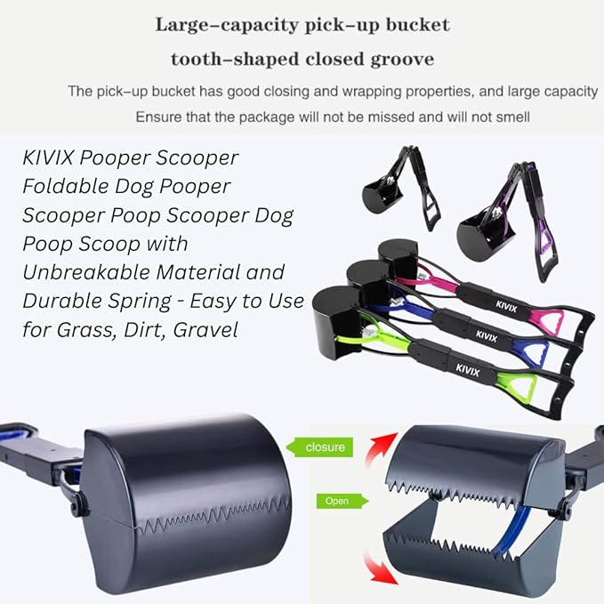 28" Pooper Scooper Foldable Green Dog Pooper Scooper Dog Poop Scoop with Unbreakable Material and Durable Spring Easy to Use for Grass, Dirt, Gravel