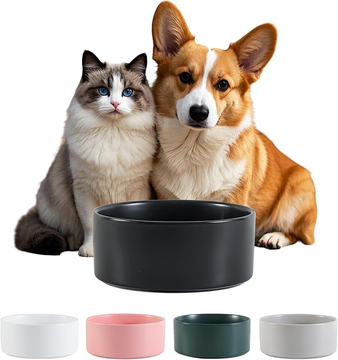 Ceramic Dog Bowl for Food and Water - Pet Feeder Bowl for Small to Medium Dogs and Large Cats - Heavy Ceramic Feeding Dish with Non Slip Base - Dishwasher & Microwave Safe - 6 Inch - 3.2 Cups - Black