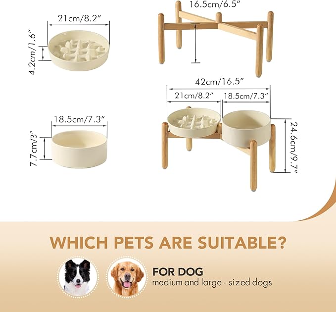 Havniva Ceramic Raised Slow Feeder Dog Bowl Set, Elevated 7.3inch Bowl and 8.2inch Slow Pet Food Dish with Wooden Stand for Medium and Large Dog (2 xLight Yellow+ Stand)