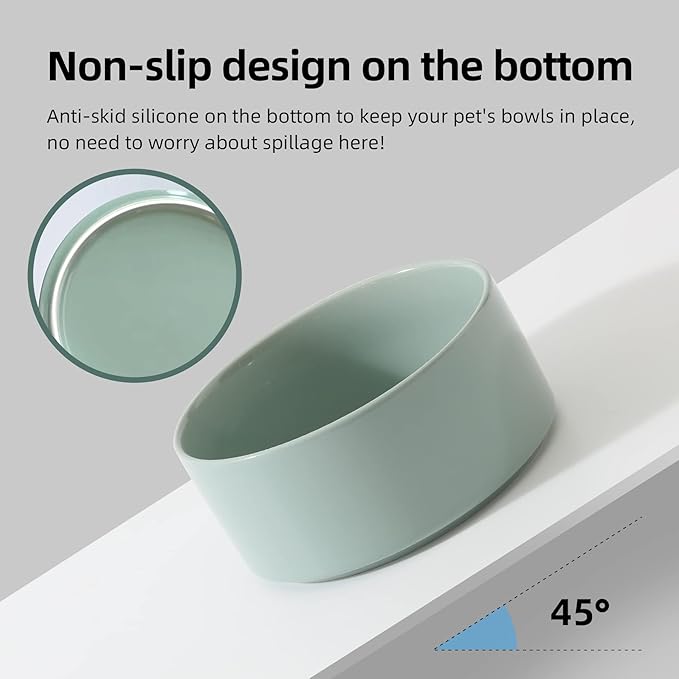 Havniva Ceramic 7.3inch Raised Dog Bowl Set, Elevated with Wooden Stand, Food and Water Bowl for Medium Breed Dogs, Weighted Dog Dishes, Pet Feeder(Light Green)