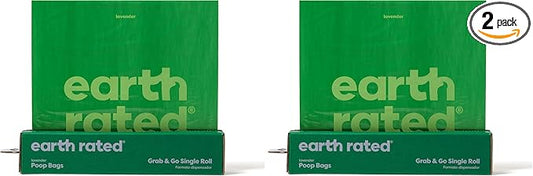 Earth Rated Dog Poop Bags, Thick Grab and Go Single Roll, Ideal for Backyard Pickups, Lavender Scented, 100 Count (Pack of 2)