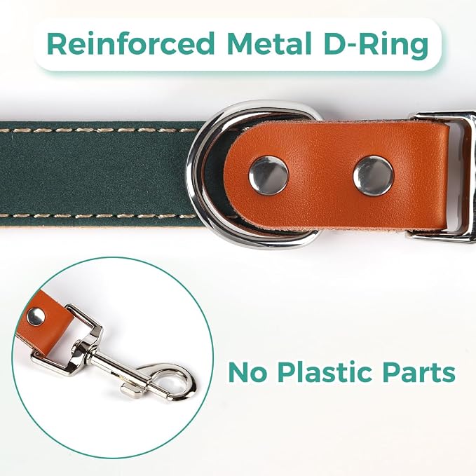 Dog Collar and Leash Set, PU Leather Dog Collar – Adjustable Eco-Friendly with Genuine Leather & Hemp, Soft Breathable Dog Collar Set for Small to Large Dogs (Green, L（15“-21”）)