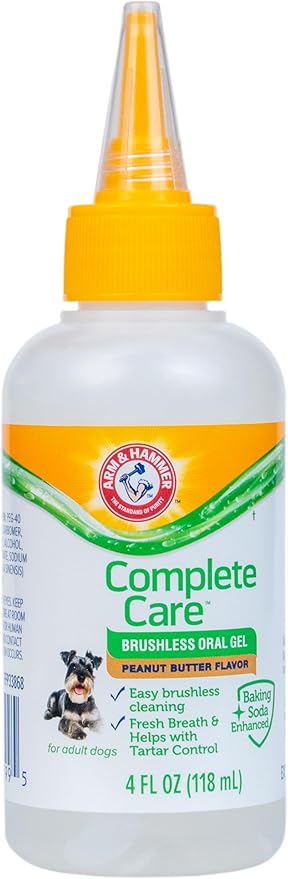 Arm & Hammer Complete Care Brushless Oral Gel for Dogs, Peanut Butter Flavor, Rub-On No-Brush Dog Toothpaste, Baking Soda Enhanced for Fresh Breath and Tartar Control, 4 Fl Oz