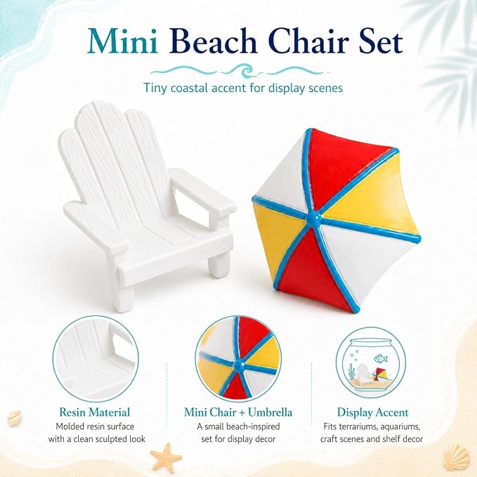 Garneck 2pcs Miniature Mini Beach Chair Furniture Terrariums Decoration Aquarium Ornament Mediterranean Figurines Umbrella Summer Home Accents Decor Mini Desktop Decor Rocking Chair Cute