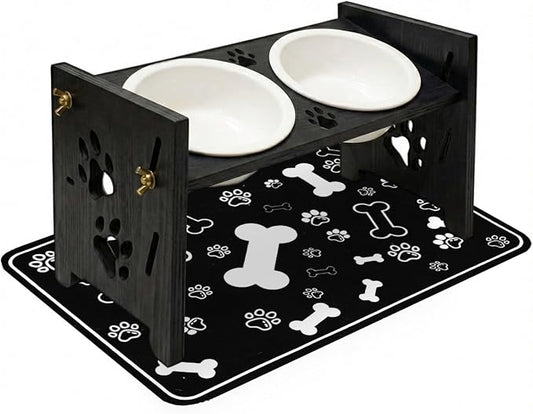 2026 New Elevated Cat Bowls with Food Mat, Adjustable Height & Angle Raised Cat & Dog Bowls Stand for Food and Water, Cat or Small Dog Feeding Station, 2 Ceramic Bowls for Cats and Puppy(Black Wood)