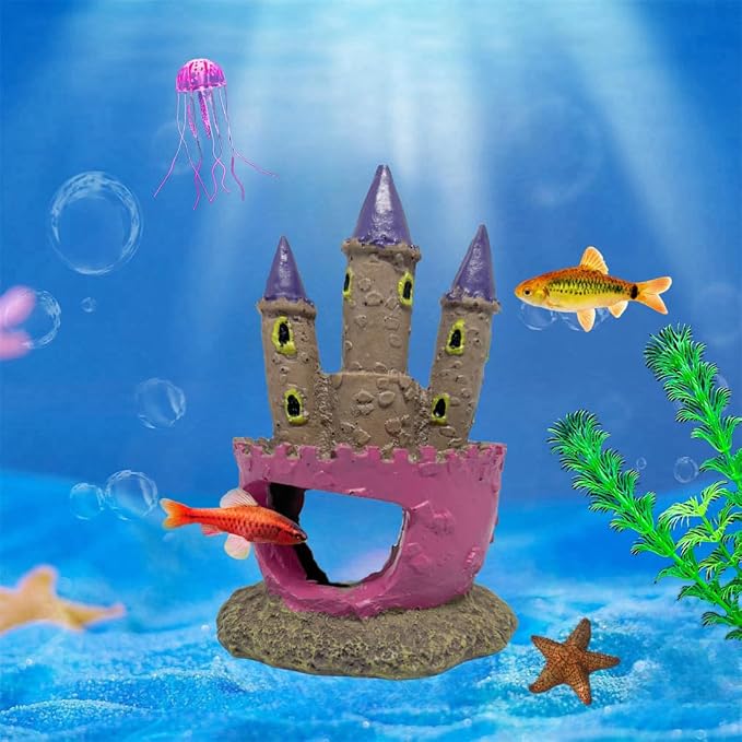 Cute Cartoon Aquarium Castle Decor, Pink Fairy Castle Ornament for Fish Tank, Small Fish Shrimp Hide Caves House Hideouts for Shrimp Crab Betta Cichlids Tank