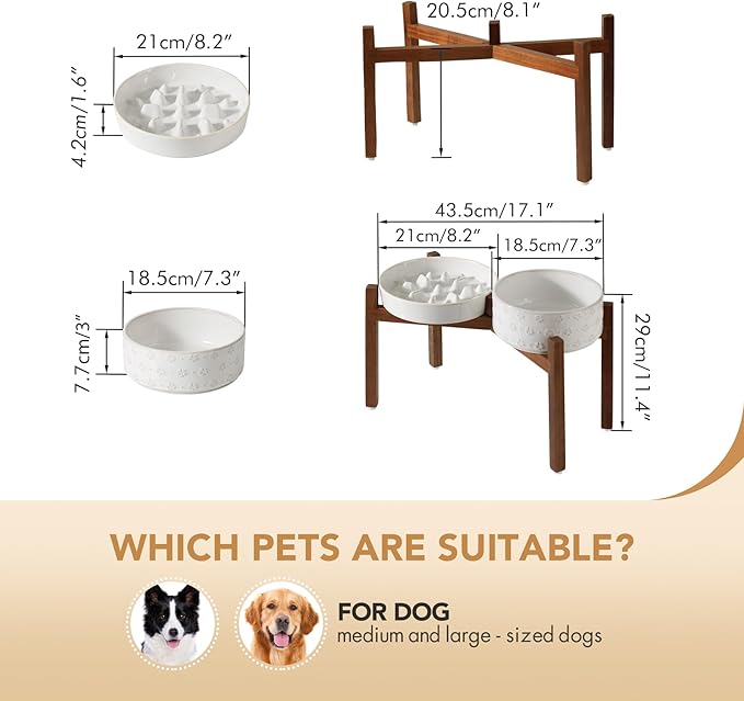 Havniva Elevated Slow Feeder Dog Bowls, 1.6 Cups/8.2 inch Slow Feeders + 7.3 inch Ceramic Dog Food & Water Bowls Set with Acacia Wood Stand Puzzle Bowls for Fast Eater, Medium Dogs Anti-Choking