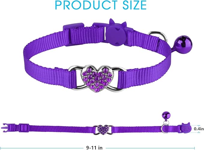 Mtliepte 2 Pcs Cat Collars Heart Bling Breakaway with Bell Nylon Adjustable for Kitty(Black+Purple)