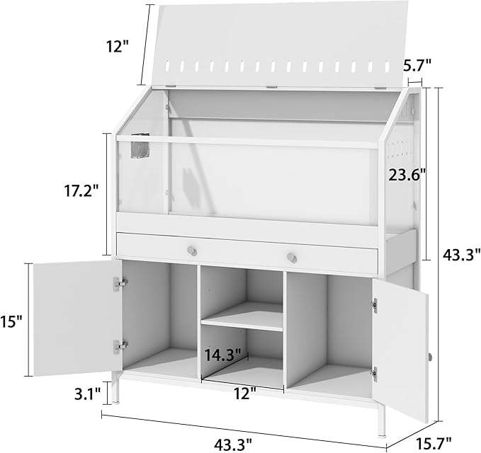 Pipleo Hamster Cage with Storage Cabinet,43.3" Small Animal Cage with LED Lights and Fan, Easy View Acrylic Panel, Large Habitat for Guinea Pig, Hedgehog,Rat 43.3"x 15.7"x 43.3"