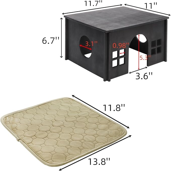 Wooden Hamster Hideout, Guinea Pig House with Soft Mat Windows, Detachable Small Pets Woodland House Decor for Chinchilla Mice Gerbils Mouse Dwarf
