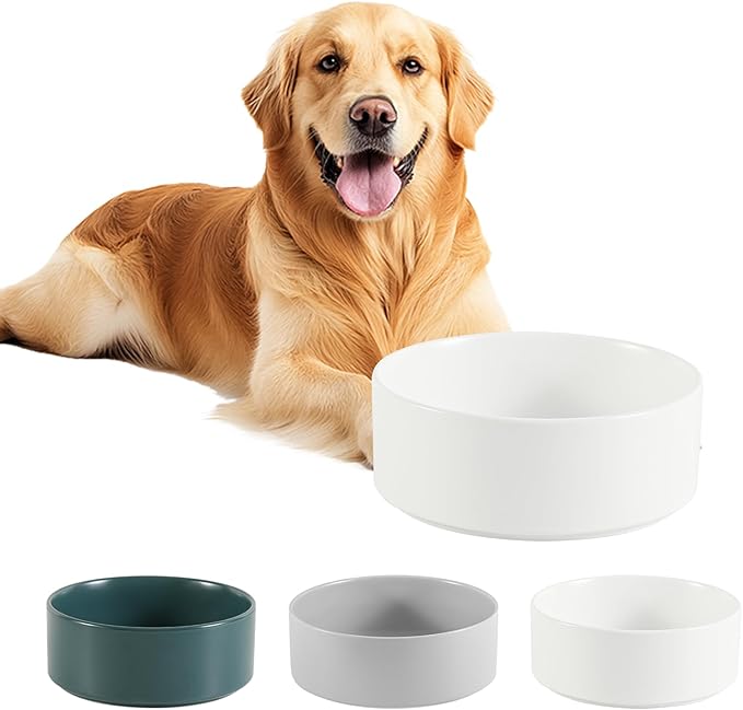 Ceramic Dog Bowl for Food and Water - Pet Feeder Bowl for Medium to Large Dogs - Heavy Ceramic Feeding Dish with Non Slip Base - Dishwasher & Microwave Safe - 8 Inch - 7.5 Cups - White
