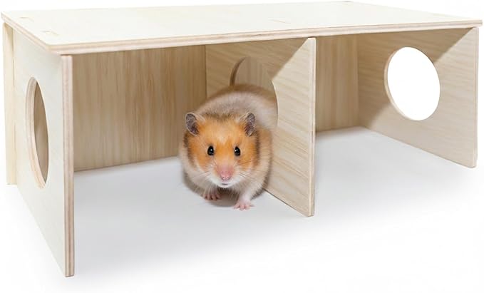 Hamster Peep Tunnel, 2-Chamber Wooden Hamster Hideout, Water-Resistant Platform for Syrian Hamsters and Small Pets, 11" x 5.3" x 4.3"
