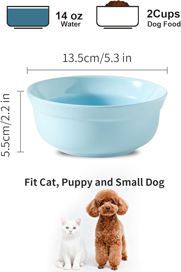 5.3 Inch Blue and Yellow Ceramic Small Dog Bowl Sets - Porcelain Wide Mouth Cat Food or Water Bowls, Cute Feeding Bowls for Indoor Small Size Dog, for Wet or Dry Food