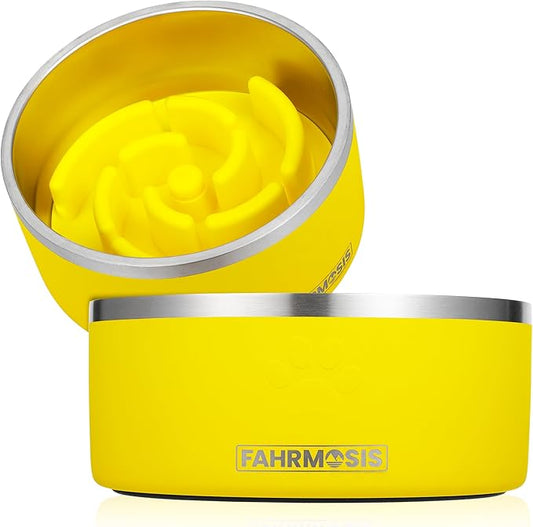 FAHRMOSIS 64 OZ Dog Bowl with Slow Feeder Insert Stainless Steel Pet Water Bowl for Medium & Large Breed Non Slip Rubber Base & Plastic Puzzle Feeder - Yellow