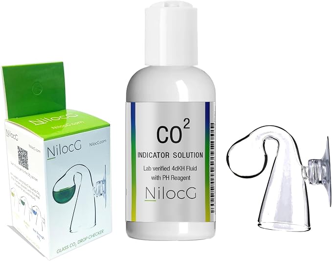 NilocG Aquatics Glass CO2 Drop Checker – CO2 Monitor Kit for Aquarium Tank – Functional and Reliable – Transparent Drop Checker, 4dkh/pH Reagent Solution and Suction Cup