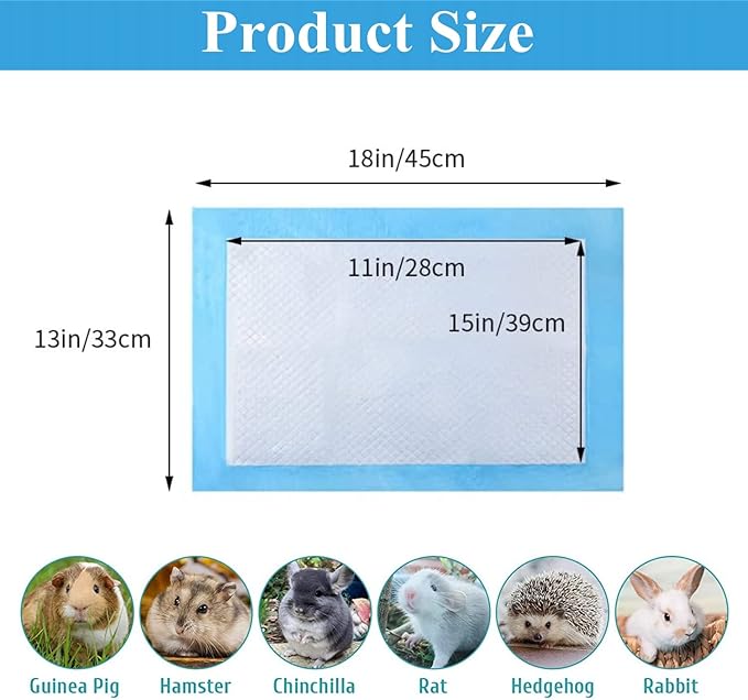 Rabbit Pee Pads Disposable Cage Liners Absorbent Leak-Proof Diaper Mat Small Animal Toilet Potty Training for Squirrel Guinea Pig Ferret Hedgehog Hamster Chinchilla Puppy (100PC, Blue)