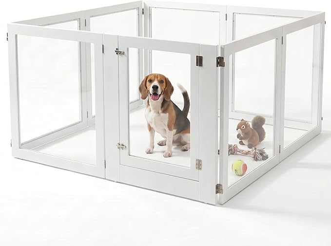 Heavy Duty Clear Acrylic Dog Playpen for Small/Medium Pets – 32" High Clear Pet Pen with Sturdy Metal Frame, Walk-in Kennel, Expandable Indoor & Outdoor Pet Play Yard (White, 8 Panels Including Door)