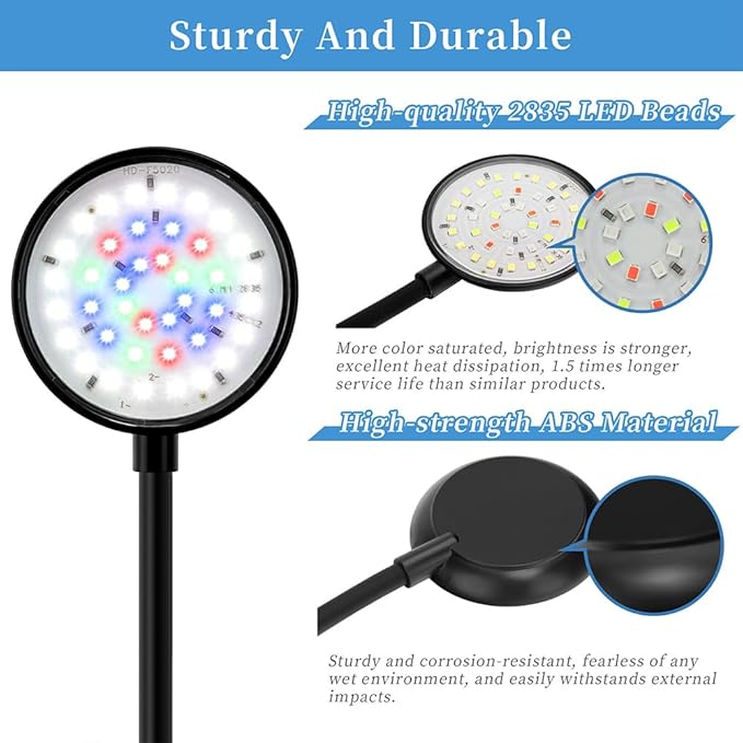 DaToo Mini Clip On Aquarium Light 7W Dimmable Small Fish Tank Light USB Moving Lamp with White Red Blue Green LED for 1 to 3 Gallon Tanks (with Timer)