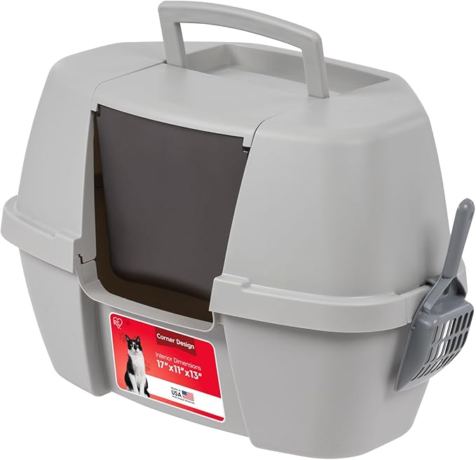 IRIS USA Cat Litter Box - Enclosed Corner Litter Box with Scoop, Hooded Litter Tray for Corners, Space-Saving Covered Litter Box, Odor Defensive, Gray